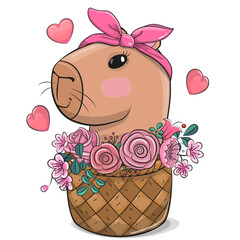 Cute Cartoon Capybara in basket with flowers
