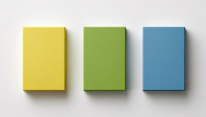 Fototapeta premium Three rectangular boxes, different colors, on a plain background