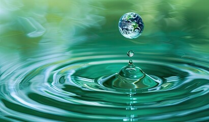 A small planet-shaped droplet falls into calm, green water, creating concentric ripples;  blurred green background suggests nature