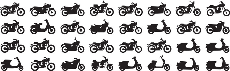 vector set of 32 labeled motorcycle and scooter silhouettes transportation icons illustration