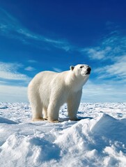 Majestic polar bear standing on ice with a clear blue sky and fluffy clouds in the background