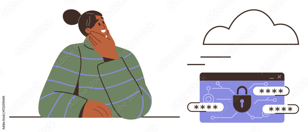 Poster thoughtful woman observing a cloud and secure password panel with lock icon, emphasizing data protec