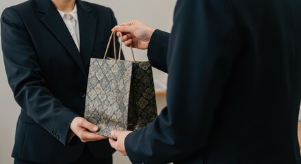 A close-up of a person's hand handing over a paper bag with an oriental pattern.