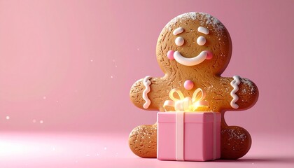 Charming 3D render of gingerbread character holding glowing Christmas present, pastel pink background, magical festive holiday design