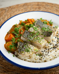 Sea bass with Japanese red vegetable curry and white rice.