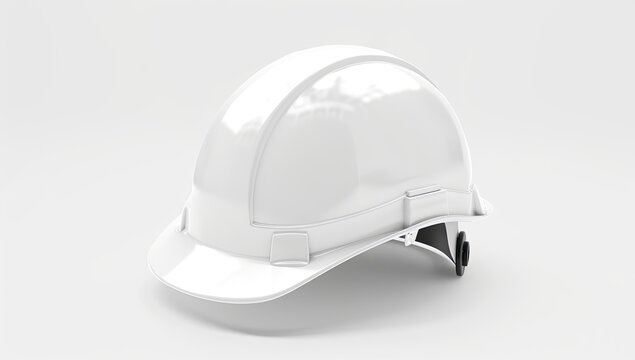 A pristine white hard hat, angled slightly to the left, sits on a plain white background, showcasing its smooth, unblemished surface and simple design