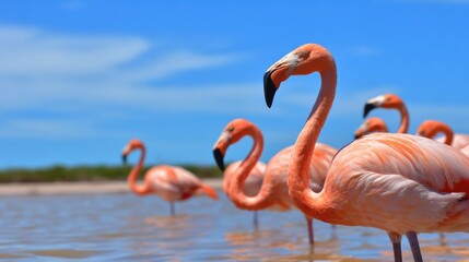 A group of flamingos wading in shallow water under a clear blue sky, showcasing vibrant colors and natural habitat