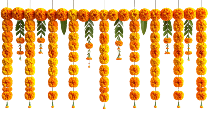 Marigold garlands hang elegantly for festive birthday party celebration on transparent PNG background