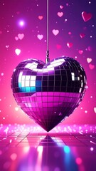 Heart-shaped disco ball hanging in a vibrant pink and purple space