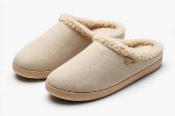 Fototapeta premium Pair of light beige/cream-colored house slippers. Soft, lined, slip-on style