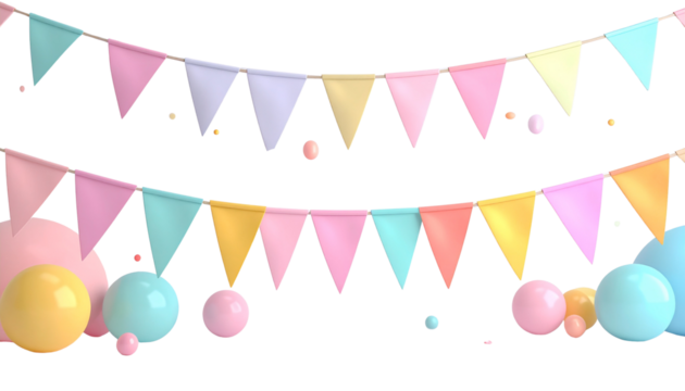 Colorful bunting flags and balloons create festive birthday party celebration in this cheerful PNG image