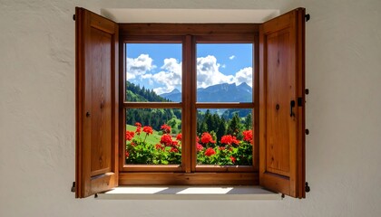 Wooden shutters, mountain view, flowers