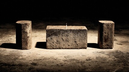 Single Candle on Stone Block in Dramatic Light