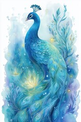 Elegant Blue Peacock Watercolor Illustration with Floral Elements, Artistic Bird Painting for Wall Art, Stationery, and Creative Projects