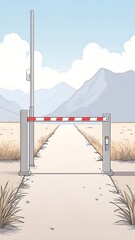 A paved path through a dry, flat landscape, guarded by a barrier