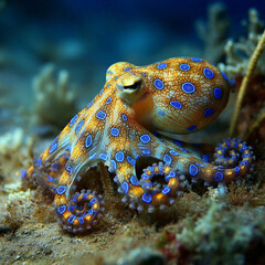 blue-ringed octopus beautiful bright octopus at the bottom of the ocean