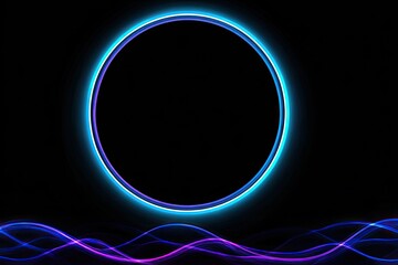 Obraz premium Neon circle frame on a dark background, with wavy lines