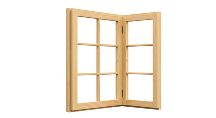 Obraz premium Open wooden casement corner window frame architectural element for building and renovation projects isolated PNG with Transparent Background
