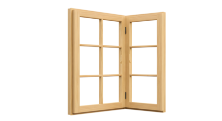 Open wooden casement corner window frame architectural element for building and renovation projects isolated PNG with Transparent Background