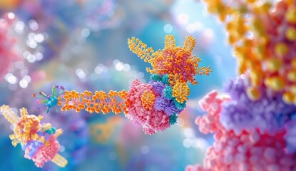 A vibrant, detailed 3D rendering of a molecular structure, possibly depicting DNA transcription or protein synthesis, set against a soft-focus, pastel-colored background