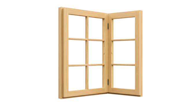 Open wooden casement corner window frame architectural element for building and renovation projects isolated PNG with Transparent Background