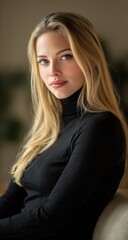 Fototapeta premium Portrait of a Blonde Woman in a Black Turtleneck