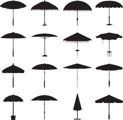 Obraz premium Silhouette Collection of Beach Umbrellas Parasols Sunshades for Summer Vacation and Outdoor Relaxation
