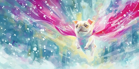 Whimsical Pug Superhero Flying Through a Colorful Sky, Digital Painting of a Cute Dog with a Cape, Fantasy Art for Children and Animal Lovers