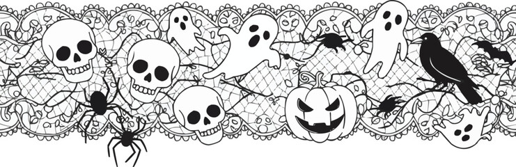 Gothic Halloween Seamless Lace Design with Ornate Skulls, Ghosts, Pumpkins, and Spider Web Motifs
