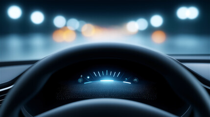 Car dashboard with illuminated speedometer at night, symbolizing technology, modern driving and safety, with authentic automotive detail and futuristic copy space.