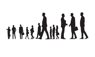 A black silhouette of a business team, a group of men and woman walking together vector