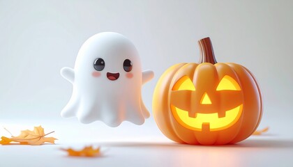 A smiling cartoon ghost floats near a carved jack-o'-lantern, with autumn leaves.