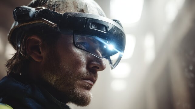 Closeup medium shot of worker immersed in VR safety drills headset highlighted against a softly blurred warehouse backdrop.