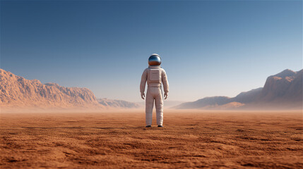 Astronaut standing on red rocky planet surface under clear sky, symbol of space exploration, discovery, future science and interplanetary travel, copy space.