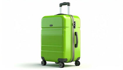 A vibrant lime-green suitcase stands against a stark white background, showcasing its smooth, hard shell and retractable handle.  Four wheels provide easy maneuverability