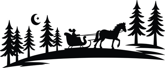 Winter horse sleigh silhouette, black and white holiday scene, pine trees, crescent moon, snowy hills, vintage Christmas travel, festive night landscape, seasonal vector art