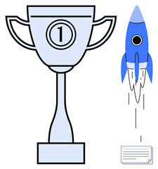 Trophy labeled number one beside blue rocket launching with upward motion. Ideal for growth, victory, innovation, business goals, startup development, recognition, simple flat metaphor