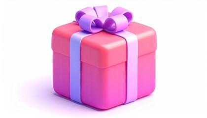 A vibrant pink cube-shaped gift box, adorned with a light purple ribbon tied in a bow, sits against a stark white background, casting a subtle shadow