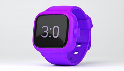 A vibrant purple digital wristwatch with a square face displays 300.  The watch features a silicone band and rounded edges