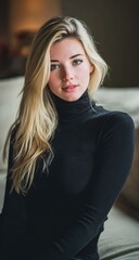 Portrait of a Blonde Woman in a Black Turtleneck
