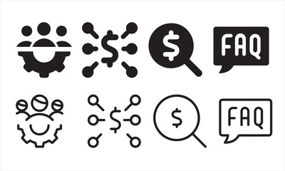 Business and finance icons showing team, network, search, and frequently asked question