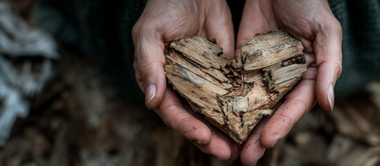 Mãos segurando um coração feito de madeira natural, restos de árvores em decomposição.