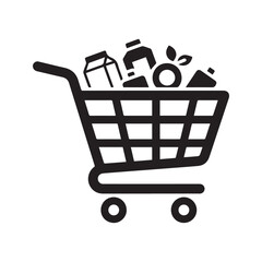 Shopping cart full of groceries icon. Black glyph symbol for supermarket, retail, purchase, and online store.  © Journey