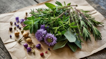 Fresh Culinary Herbs Bouquet Rosemary Mint Oregano Thyme Purple Flowers Berries Tied Together on Brown Parchment Paper Rustic Wooden Background Cooking