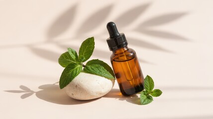 Minimalist Cosmetic Mockup Amber Glass Dropper Bottle Fresh Mint Leaves White Stone on Beige Background with Leaf Shadow Natural Skincare Essential Oil