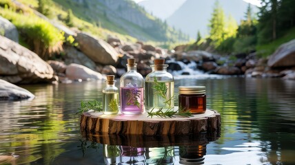 Natural Remedy Concept Apothecary Glass Bottles with Herbs Flowers Floating on Wood Slice in Calm River Water Scenic Nature Background Essential Oils Mockup