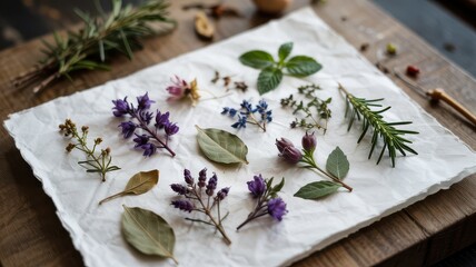 Rustic Flat Lay Assortment of Dried and Fresh Herbs Flowers Rosemary Thyme Lavender Basil Bay Leaves on Crumpled White Paper Wooden Board Background