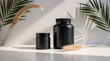 Modern Mockup Two Matte Black Jars Bottles Different Sizes with Dried Pampas Grass Palm Leaf Shadows on White Background Cosmetic Supplement Packaging