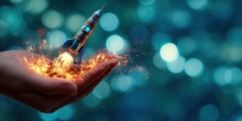 The rocket ignites in a hand, symbolizing dreams and limitless potential.