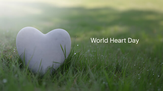 A white heart-shaped stone resting on green grass with 'World Heart Day' text overlay